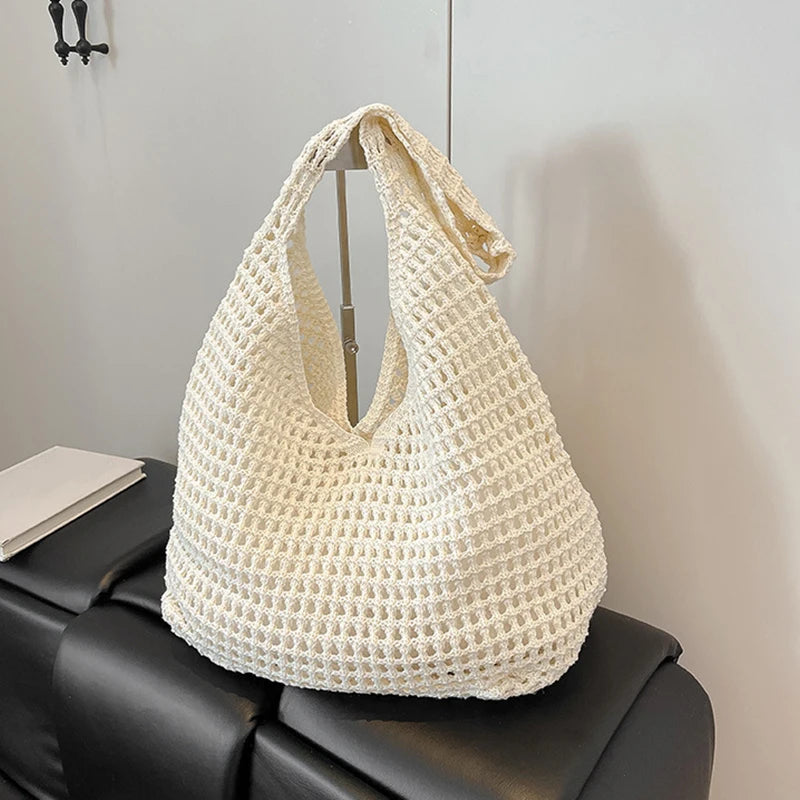 New Sweet Crochet Shoulder Bag Leisure Beach Hollow Out Handbag Women Solid Color Woven Totes Bag For Travel