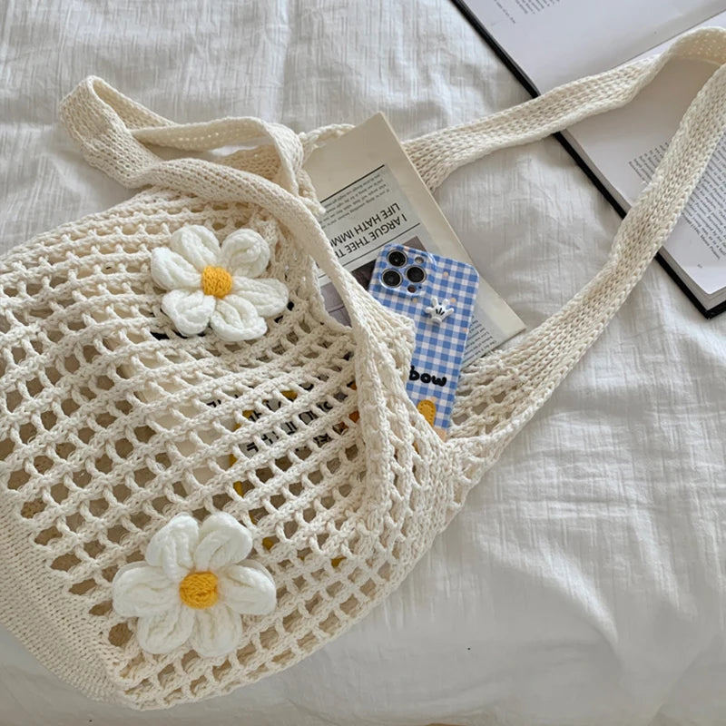 Women's Large Capacity Solid Color Crochet Tote Bag Knitted Hollow Design Fashionable Beach Shopping Bag for Travel And Vacation