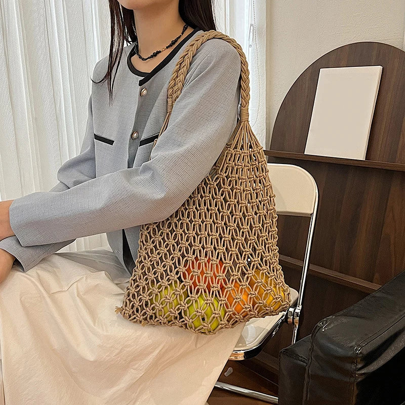 Women Bag Bucket Cotton Beach Bag Bag Casual Hollow Out Solid Soft High-Capacity Shoulder Bag Travel Handbag