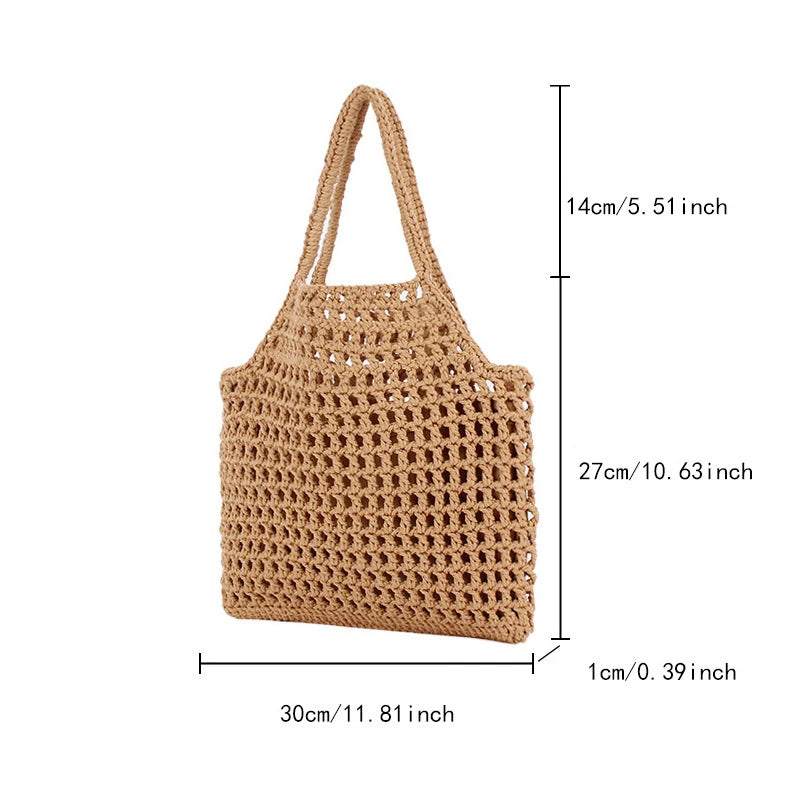 Summer Hollow Woven Shoulder Bags Women's New Casual Beach Bag Versatile Lace Design Commuting Shoulder Tote Bag