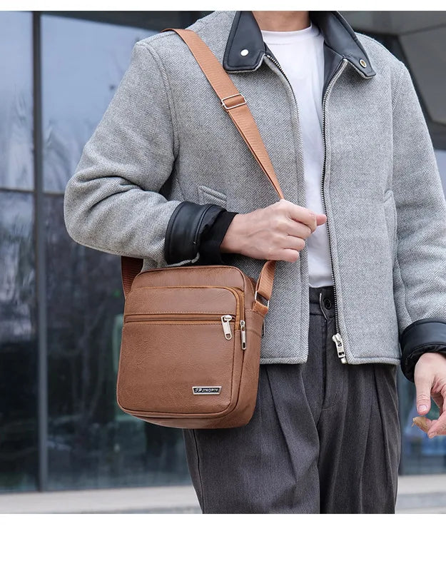 Men's Bag, PU Leather Single Shoulder Bag Multi Layer Zipper Large Capacity Crossbody Bag Daily Use Work Travel Business Commute