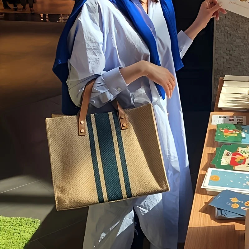Stylish Women'S Canvas Tote Bag, Black Blue Striped Design Handbag Shoulder Bag for Work, School, Shopping, Beach Outings & Gym