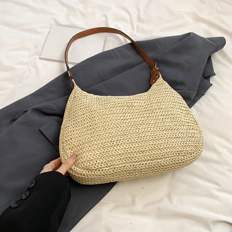 Women Hollow Shoulder Bag Large Capacity Straw Weaving Travel Handbag Adjustable Strap Shopper Tote Bag
