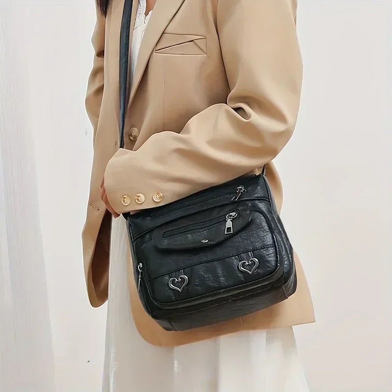 Versatile Multi Pocket Shoulder Bag, Women's Brown Black Leather Messenger Bag with Heart Tassel Embellishments Adjustable Strap