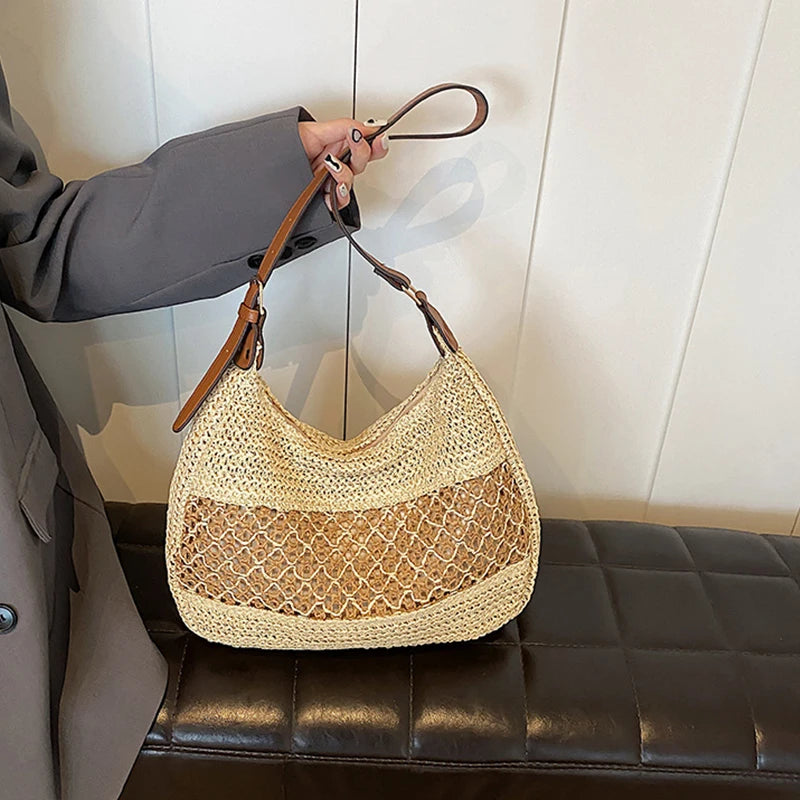 Women Hollow Shoulder Bag Large Capacity Straw Weaving Travel Handbag Adjustable Strap Shopper Tote Bag