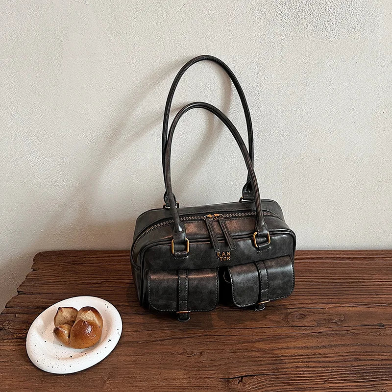 Women's Coffee Brown Multi-Pocket Handbag Shoulder Bag, Stylish Versatile Letter Crossbody Purse for Travel Work Shopping Dates