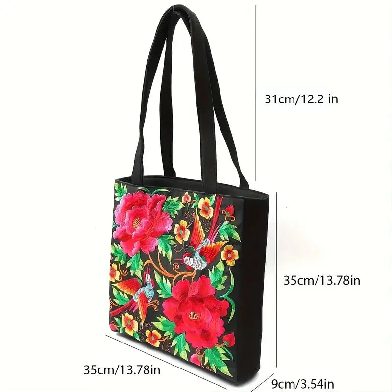 Ethnic Style Embroidery Shoulder Bag Large Capacity Literary Canvas Bag Retro Peony Tote Shopping Bag