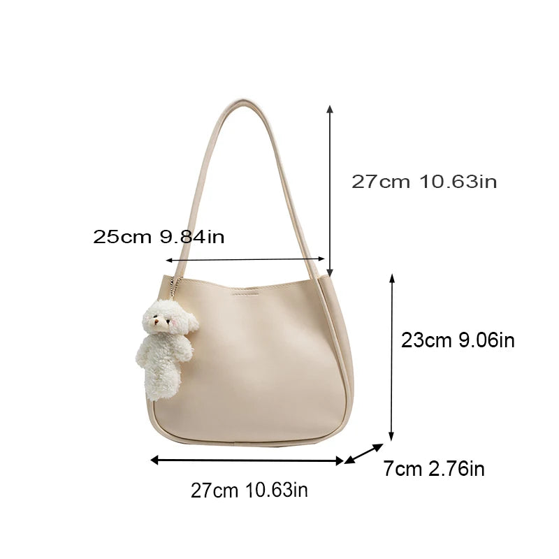 Simple And Casual New Popular PU Leather Versatile Shoulder Underarm Bag Small Fresh Solid Color Bear Pendant Handbag
