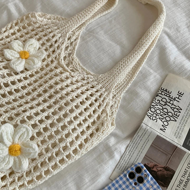 Women's Large Capacity Solid Color Crochet Tote Bag Knitted Hollow Design Fashionable Beach Shopping Bag for Travel And Vacation