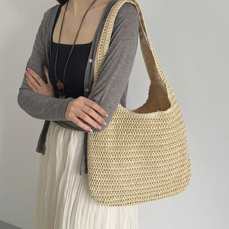 Fashion Straw Women Shoulder Bags Paper Woven Female Handbags Large Capacity Summer Beach Straw Bags Casual Tote Purses