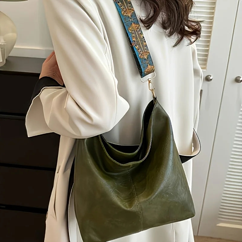 Bohemian Style Women's Shoulder Bag, Vintage Wide Strap, Casual Crossbody Bag for Commuting, Golden Embroidery, Adjustable Strap