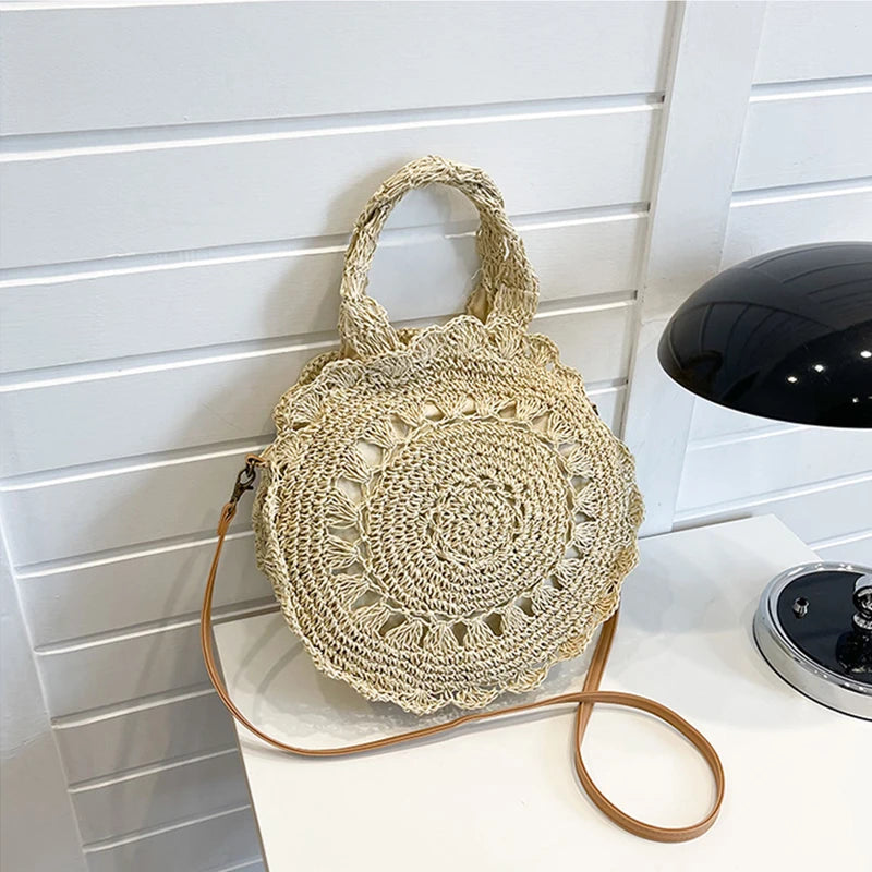 Summer Round Straw Bag Women Woven Rattan Beach Bag Hot New Shoulder Bag Circle Hollow Out Handle Bag Casual Shopper Tote Pouch