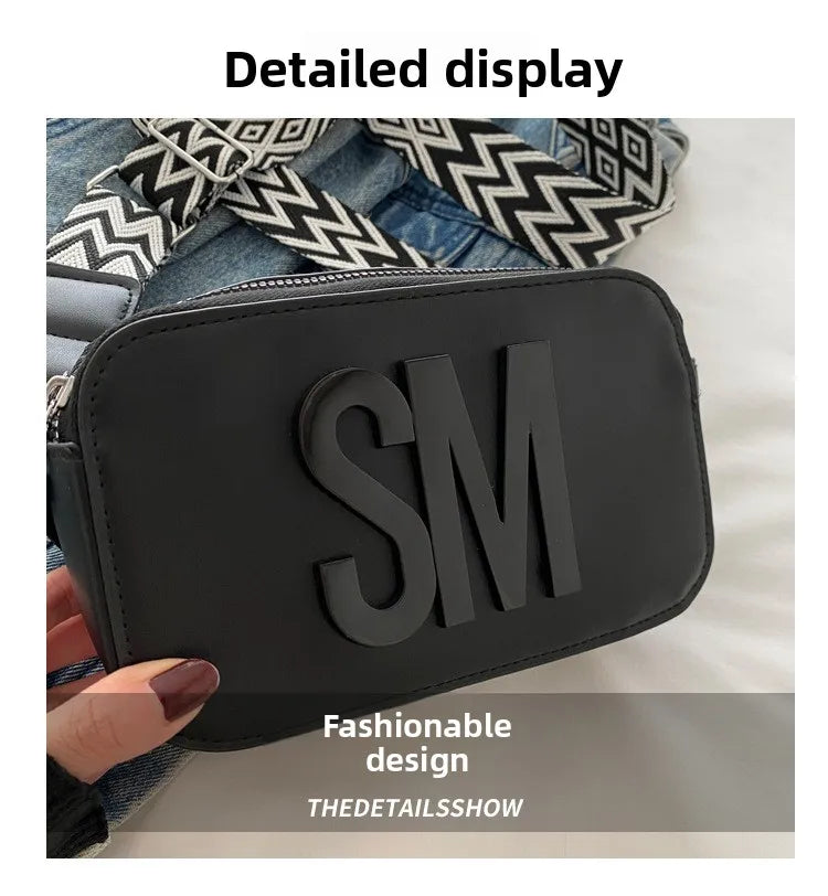 Stylish Versatile Women Single Shoulder Bag, SM Letter Pu Leather Small Square Bag, Leisure Wide Shoulder Strap Cross Body Bags