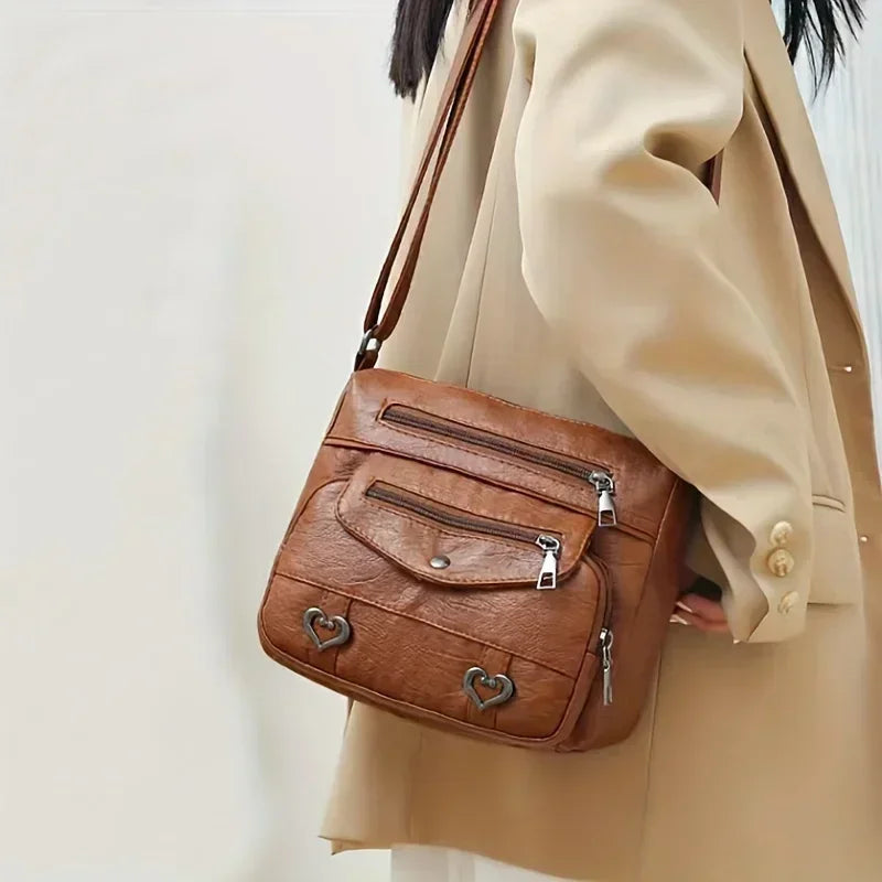 Versatile Multi Pocket Shoulder Bag, Women's Brown Black Leather Messenger Bag with Heart Tassel Embellishments Adjustable Strap