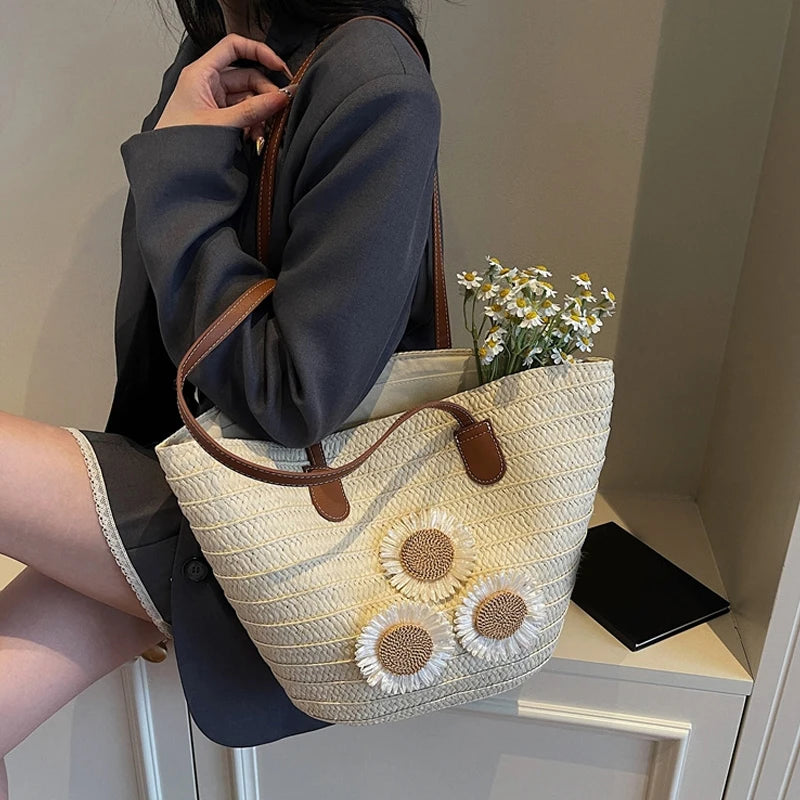Woven Women Handbag Large Capactity Basket Summer Beach Bag Shopper Tote Ladies Travel Shoulder Underarm Bags