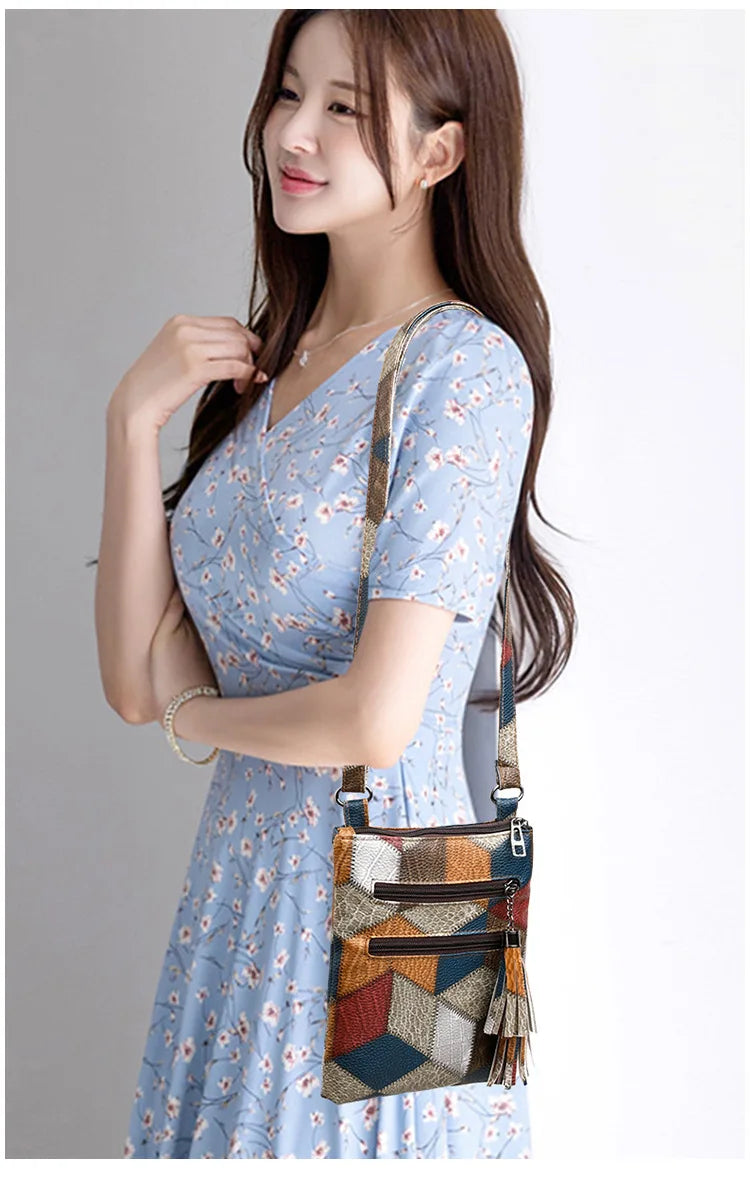 Retro PU Soft Leather Multi Pocket Handbag Shoulder Bag with Color Blocking Plaid Tassel Cross Bags, Mobile Phone Messenger Bag