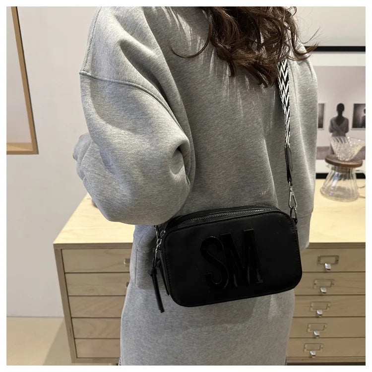 Stylish Versatile Women Single Shoulder Bag, SM Letter Pu Leather Small Square Bag, Leisure Wide Shoulder Strap Cross Body Bags