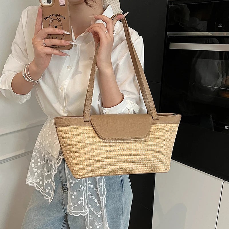 Fashion Women Shoulder Bag PU Woven Patchwork Stick Bag Large Capacity Tote Bag New Casual Woven Contrasting Color Handbag