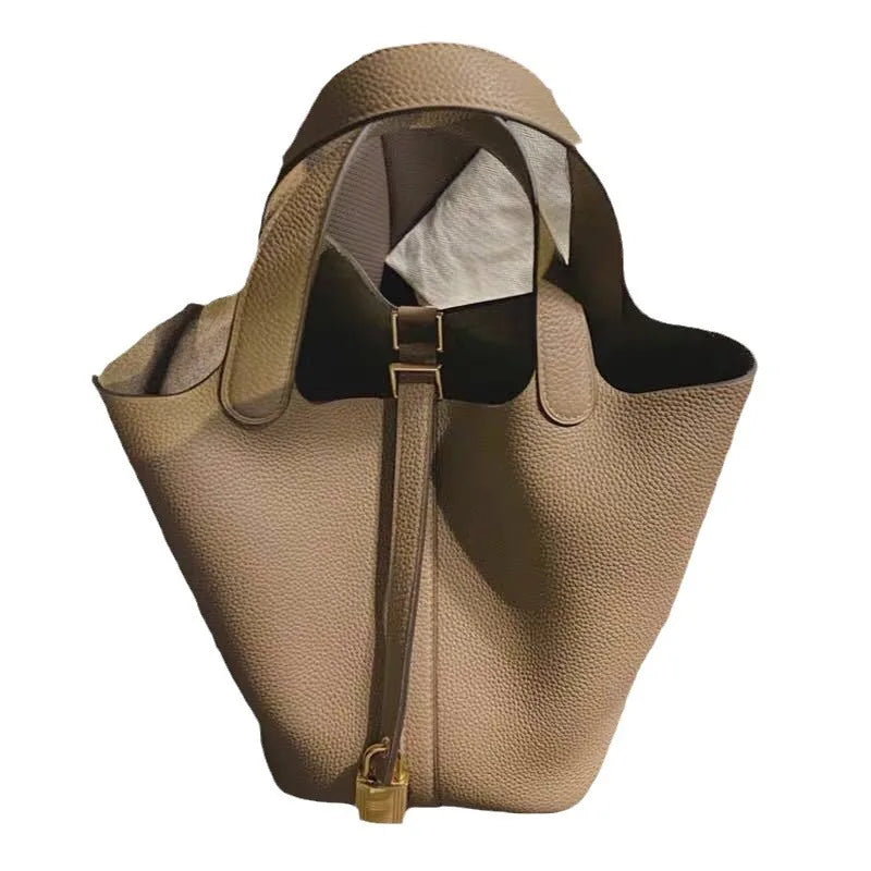 Stylish Handbag, Unique Bucket Classic Shopping Tote Bag, Soft PU Litchi Pattern Basket Women Bag with Lock Small Horse Scarves