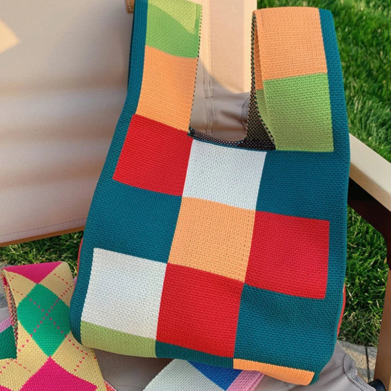 Luxury Design Stripe Knitted Small Handbag and Purse Fashion Korean Trendy Travel Shoulder Bag Wrist Bag Summer Shopper Tote