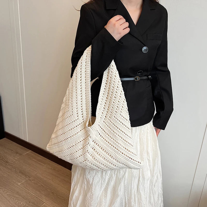 Brand Women Tote Knitting Handbag Triangle Design Woven Beach Bag Lightweight Elegant Portable Shoulder Bag Purse