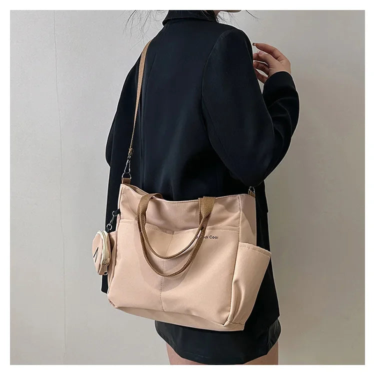 Oxford Design Double Sided Pocket Tote Bag Teen Women Large Capacity Handbag Single Shoulder Crossbody Bag with Round Coin Purse