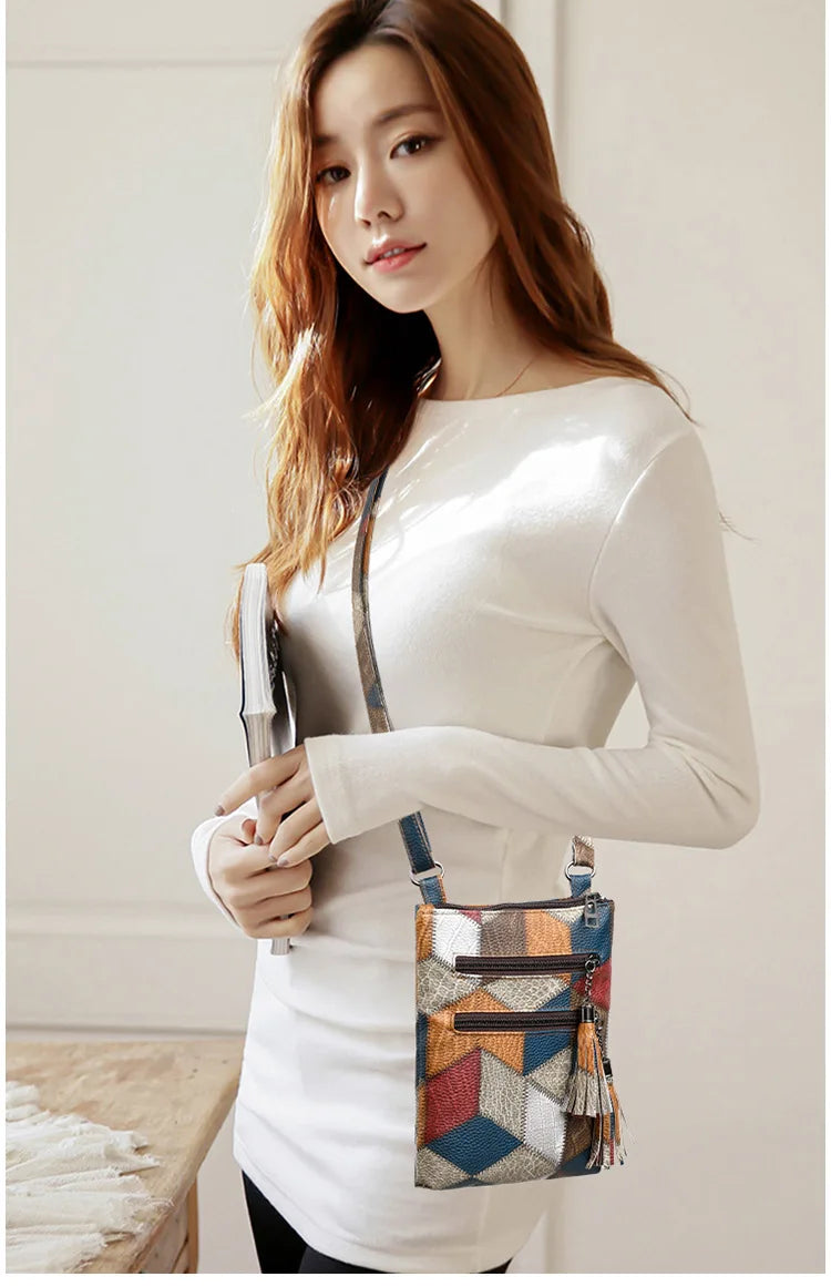 Retro PU Soft Leather Multi Pocket Handbag Shoulder Bag with Color Blocking Plaid Tassel Cross Bags, Mobile Phone Messenger Bag
