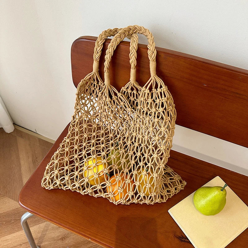 Women Bag Bucket Cotton Beach Bag Bag Casual Hollow Out Solid Soft High-Capacity Shoulder Bag Travel Handbag