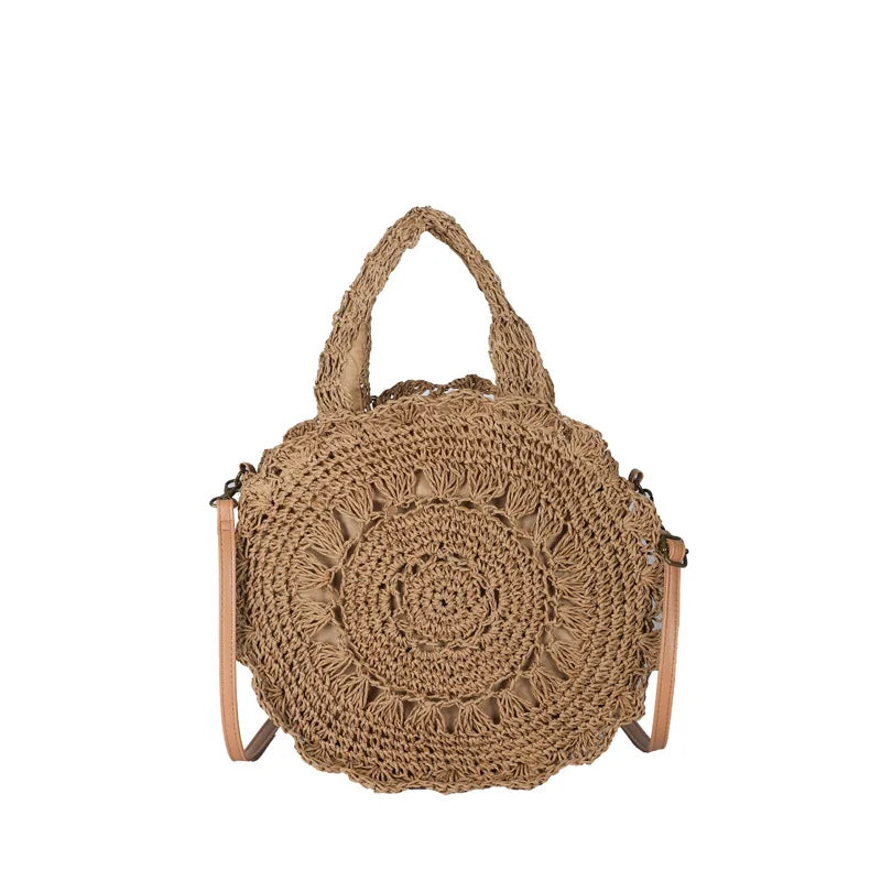 Summer Round Straw Bag Women Woven Rattan Beach Bag Hot New Shoulder Bag Circle Hollow Out Handle Bag Casual Shopper Tote Pouch