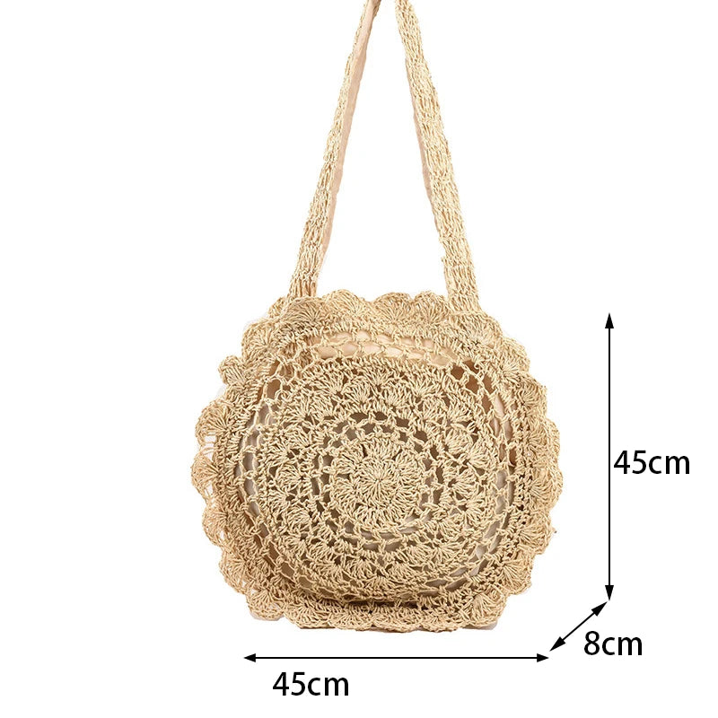 Summer Round Straw Bag Women Woven Rattan Beach Bag Hot New Shoulder Bag Circle Hollow Out Handle Bag Casual Shopper Tote Pouch