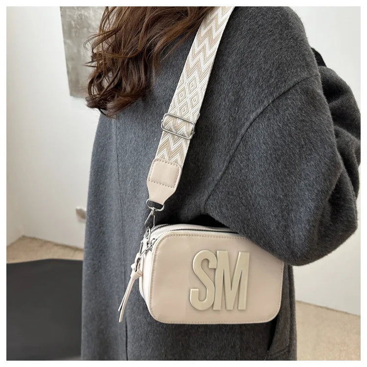 Stylish Versatile Women Single Shoulder Bag, SM Letter Pu Leather Small Square Bag, Leisure Wide Shoulder Strap Cross Body Bags