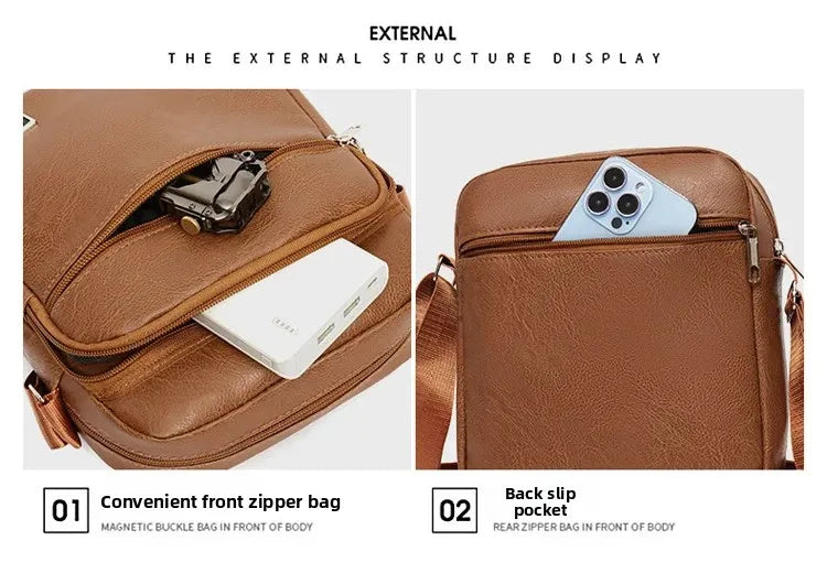 Men's Bag, PU Leather Single Shoulder Bag Multi Layer Zipper Large Capacity Crossbody Bag Daily Use Work Travel Business Commute
