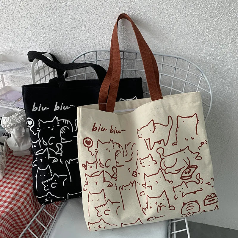 Art Design Cute Animals Printed Handbag Shoulder Bag, Literary Retro Canvas Tote Bags for Women Daily Use Work, Shopping School
