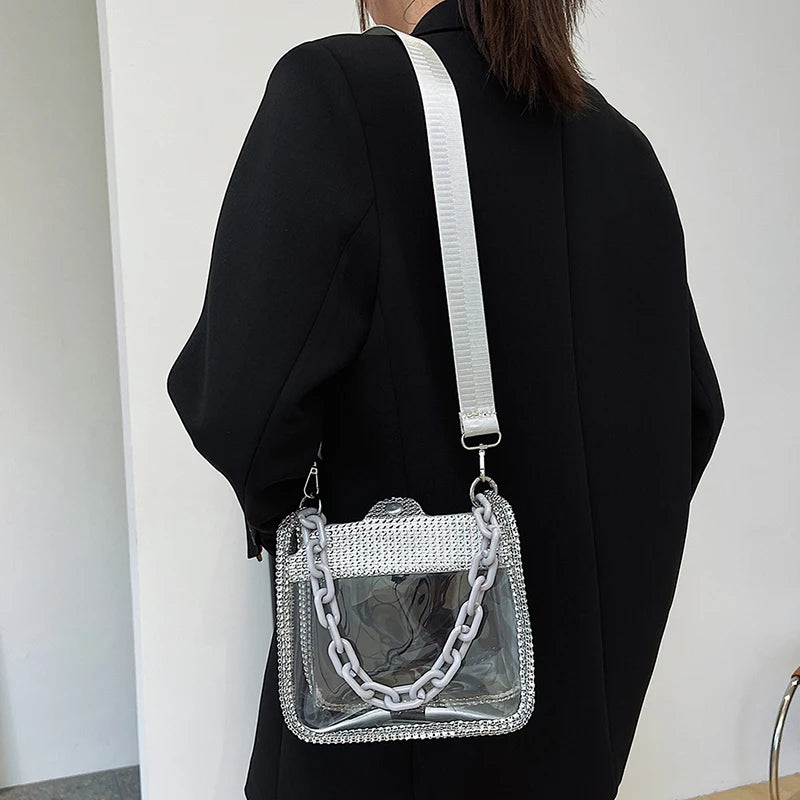 PVC Transparent Shoulder Crossbody Bag Rhinestone Thick Chain Ladies Small Purse and Handbags Fashion Jelly Summer Beach Totes