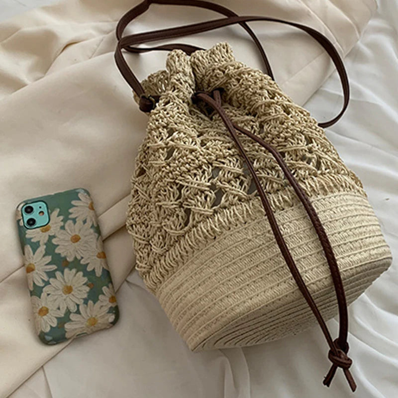 Handmade Women's Summer Straw Beach Shoulder Bag Woven Hollow Drawstring Shoulder Bags Knitted Fashion Female Design Travel Tote
