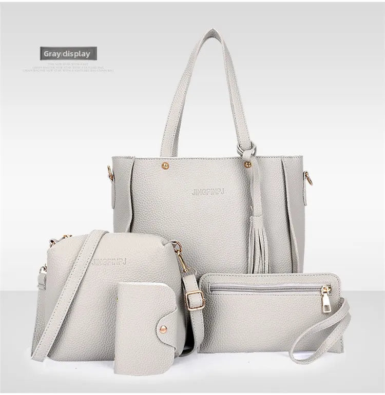 4pcs/set Tassel Bucket Women's Handbag Stylish Crossbody Bag Clutch and Wallet, Solid Color PU Shoulder Bags for Women Daily Use