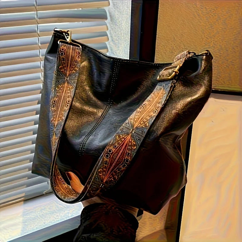 Bohemian Style Women's Shoulder Bag, Vintage Wide Strap, Casual Crossbody Bag for Commuting, Golden Embroidery, Adjustable Strap