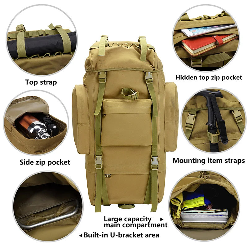 65L Large Capacity Waterproof Outdoor Hking Backpack Tactical Hunting Camping Rucksack Rain Cover Mountaineering Climbing Bags