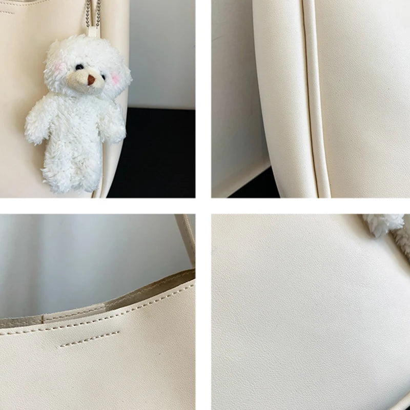 Simple And Casual New Popular PU Leather Versatile Shoulder Underarm Bag Small Fresh Solid Color Bear Pendant Handbag