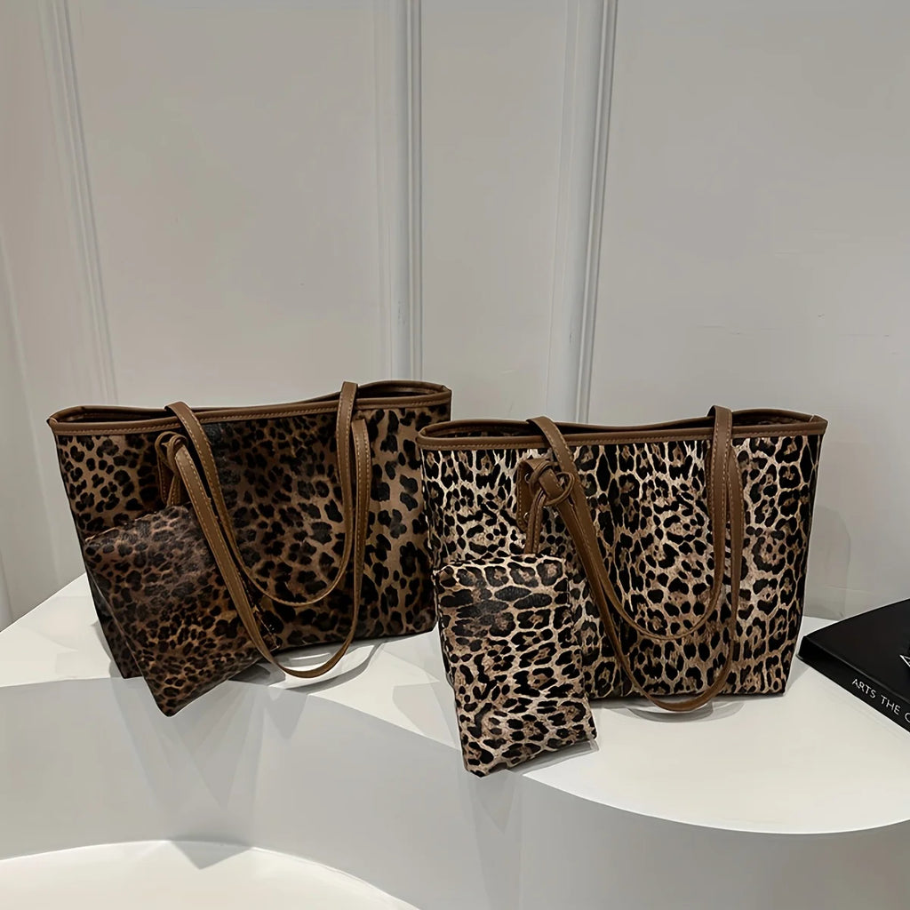 Leopard Soft Shoulder Bag, Retro Animal Print Large Capacity Handbag with Purse, Fashion Casual Style Designer Shopping Tote Bag