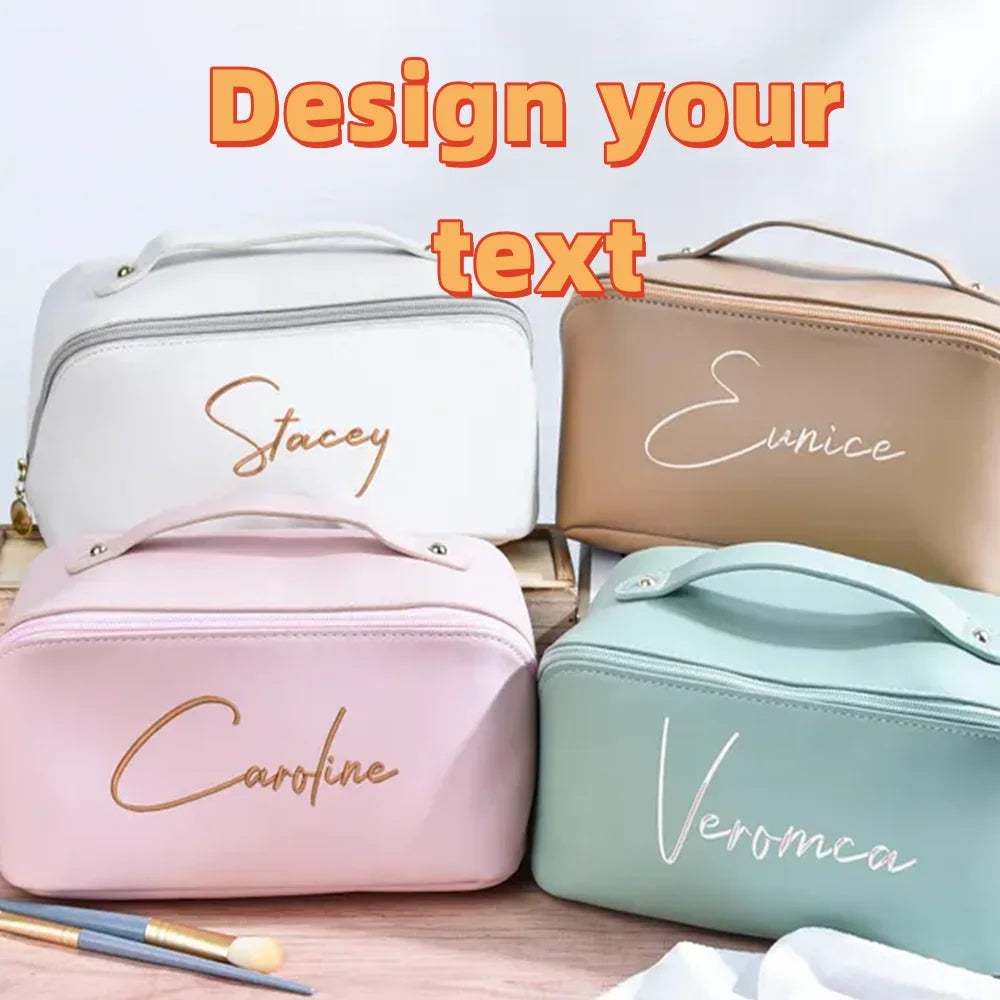 Customized Personalized Leather Square Cosmetic Bag Beauty Skin Care Large Capacity High Quality Portable Handheld Cosmetic Case