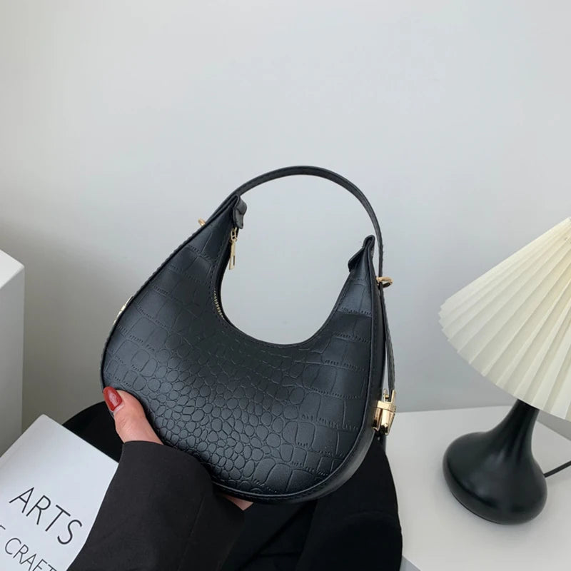 Half Moon Bag Vintage PU Leather Small Handbag Luxury Brands Women Shoulder Bags Retro Black Ladies Armpit Purses Girls Totes