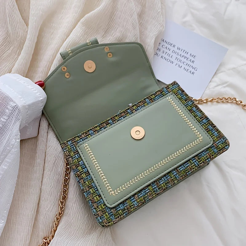 Chic Mini Plaid Tweed Crossbody Bag with Adjustable Strap, Fashionable Buckle Closure - Available in Cream, Green, Blue, Black