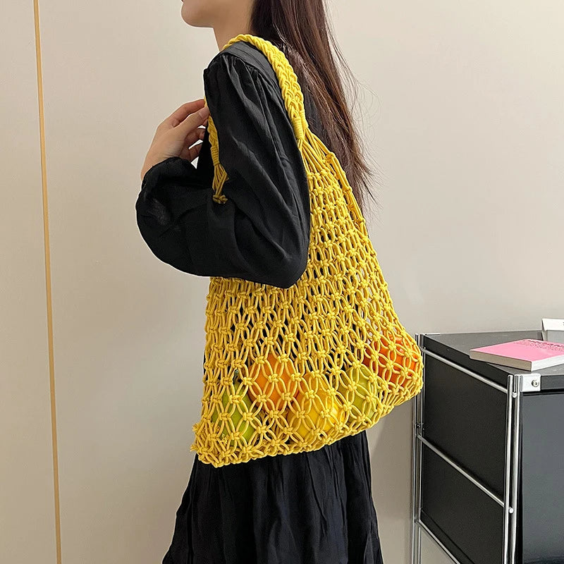 Women Bag Bucket Cotton Beach Bag Bag Casual Hollow Out Solid Soft High-Capacity Shoulder Bag Travel Handbag