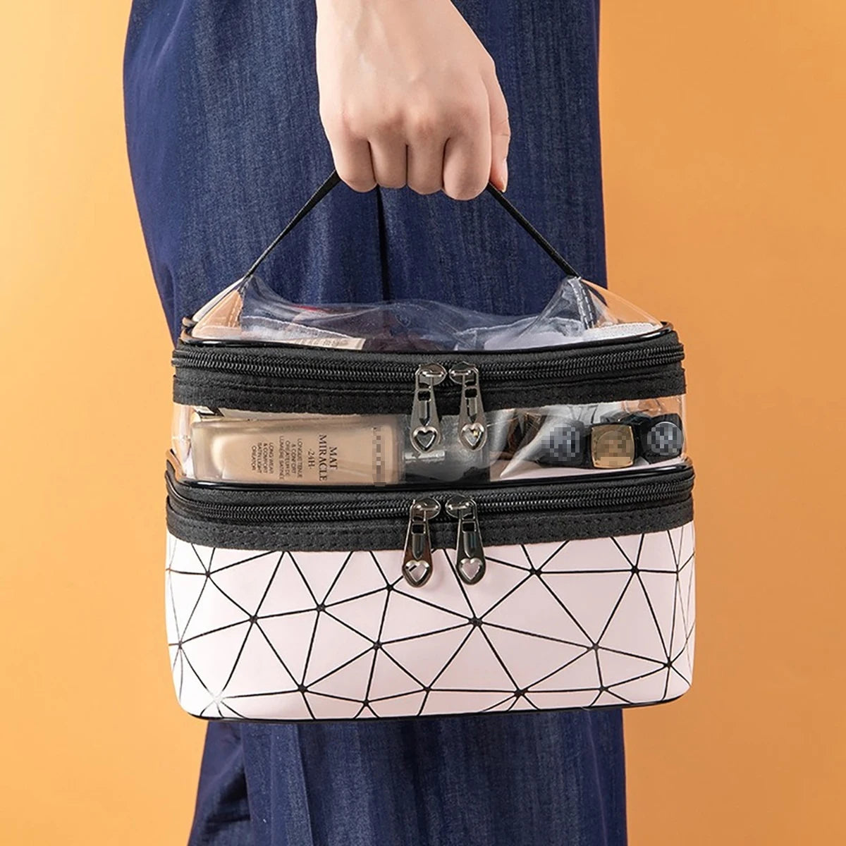 Doublelayer Makeup Bag,Waterproof PVC Travel Pouch Portable Washbag