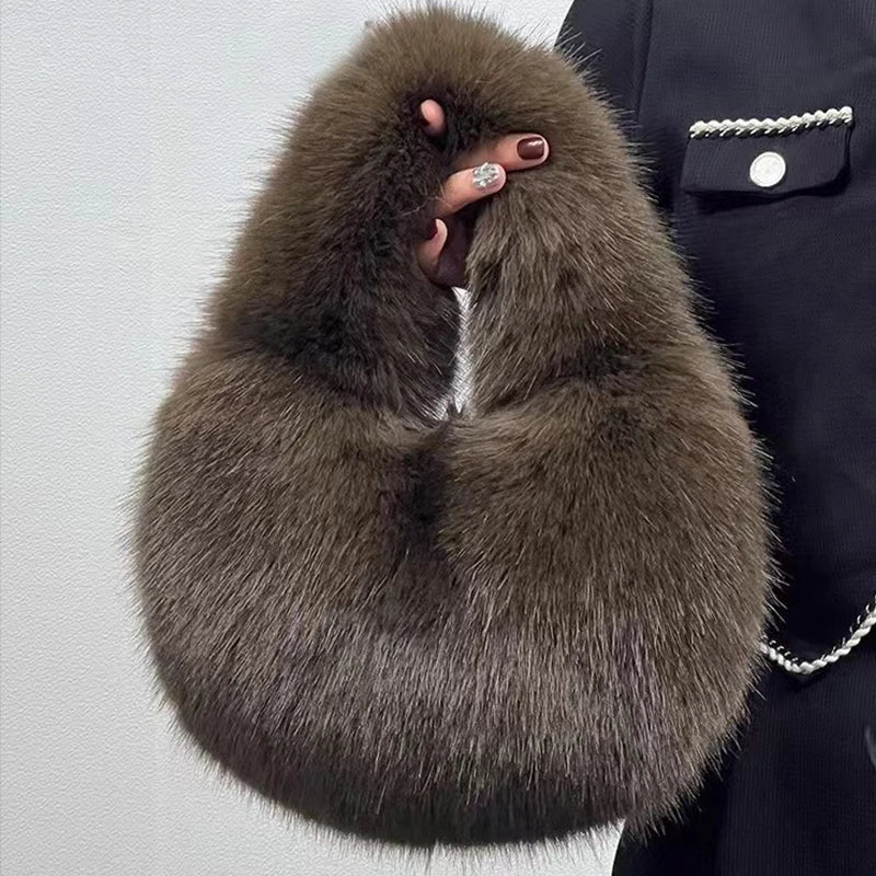 Fashion Soft Plush Half Moon Bags for Women Designer Fluffy Faux Fur Lady Handbags Luxury Small Tote Female Winter Purses