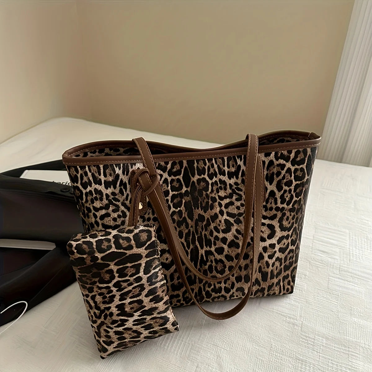 Leopard Soft Shoulder Bag, Retro Animal Print Large Capacity Handbag with Purse, Fashion Casual Style Designer Shopping Tote Bag