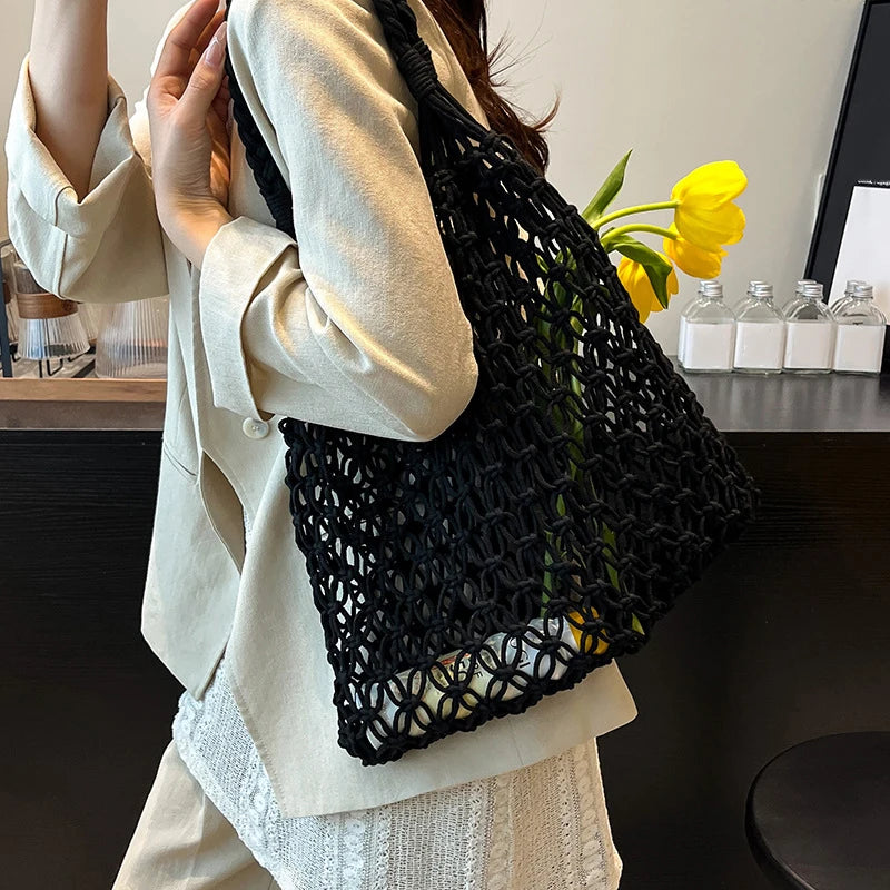 Hand-Woven Bag Women Handmade Hollow Handbag Female Shoulder Bag Big Capacity Summer Casual Travel Beach Tote Purse