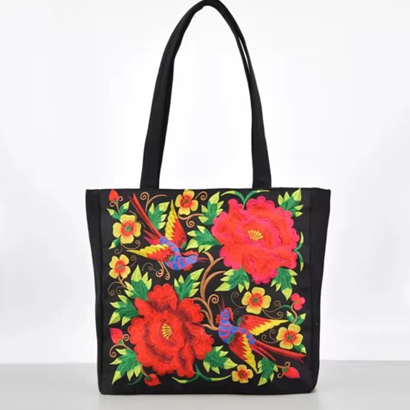 Ethnic Style Embroidery Shoulder Bag Large Capacity Literary Canvas Bag Retro Peony Tote Shopping Bag