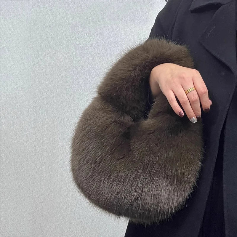 Fashion Soft Plush Half Moon Bags for Women Designer Fluffy Faux Fur Lady Handbags Luxury Small Tote Female Winter Purses